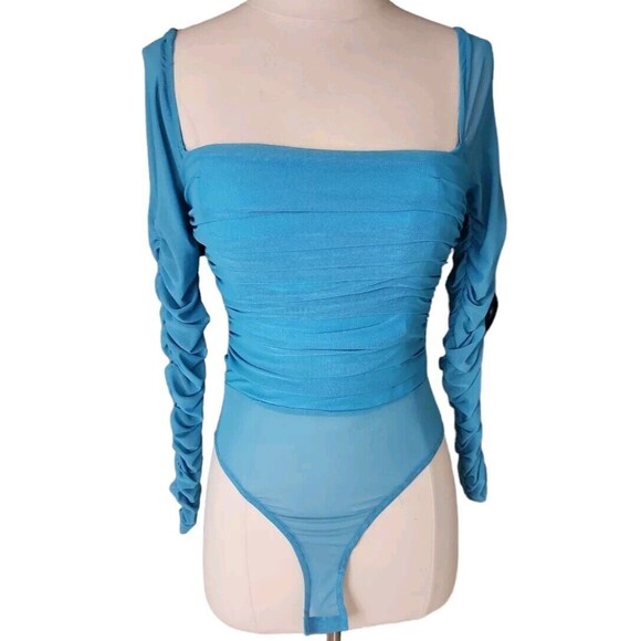 Princess Polly Ethereal Sheer Bodysuit Womens Size 4 Mesh Delany Aqua Blue NWT - Picture 2 of 9